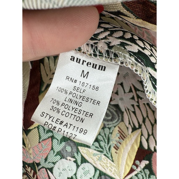 Aureum Shirt Womens Medium Green Floral Textured Ruffle Bows Tie Boho Cottage - Picture 4 of 9